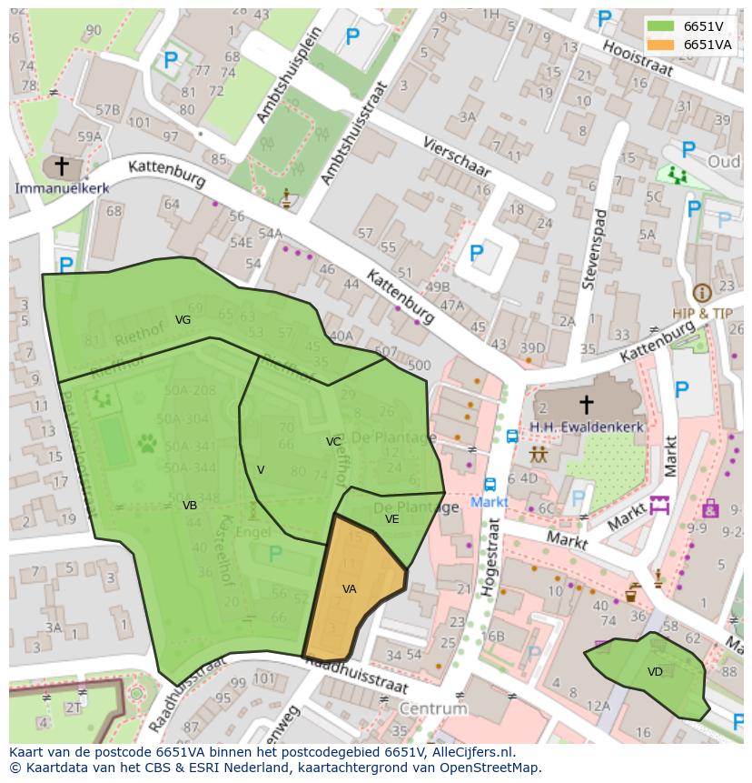 Afbeelding van het postcodegebied 6651 VA op de kaart.