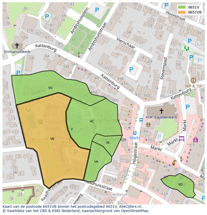Afbeelding van het postcodegebied 6651 VB op de kaart.