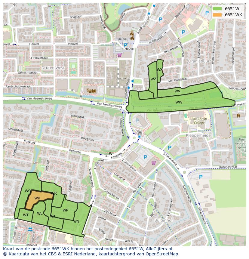 Afbeelding van het postcodegebied 6651 WK op de kaart.