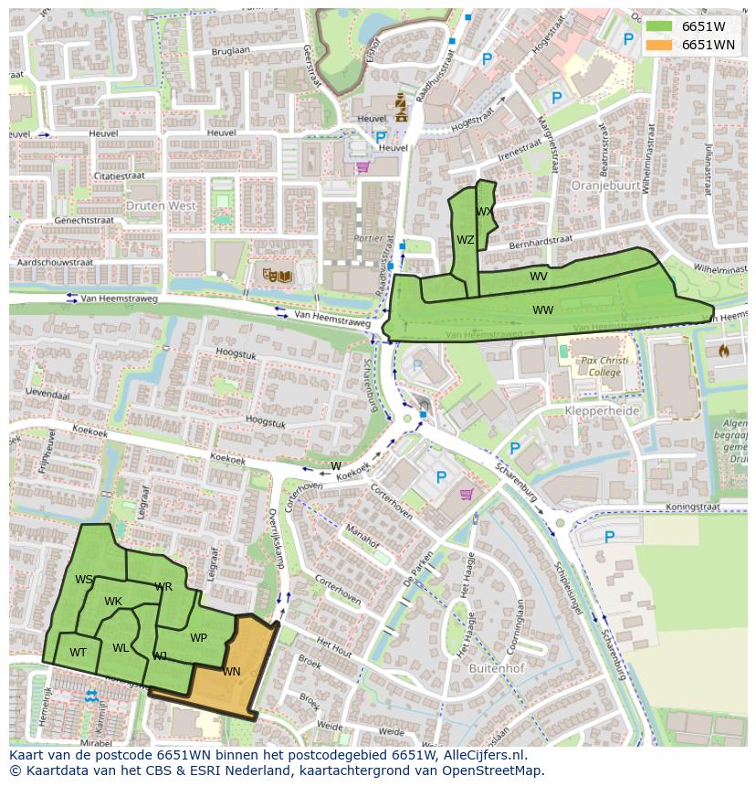 Afbeelding van het postcodegebied 6651 WN op de kaart.