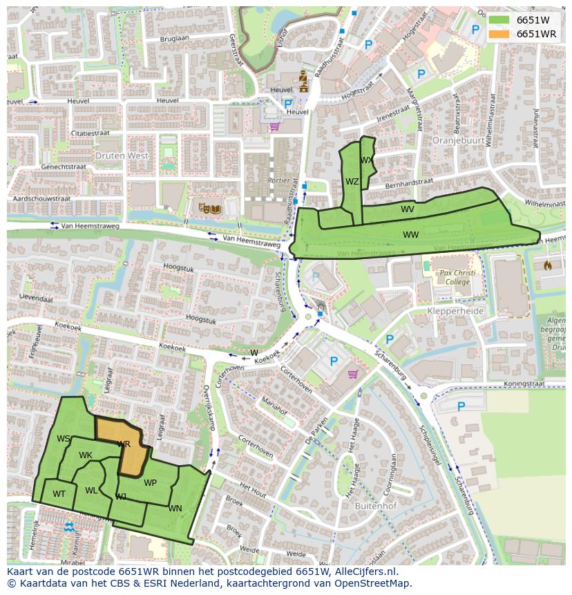 Afbeelding van het postcodegebied 6651 WR op de kaart.