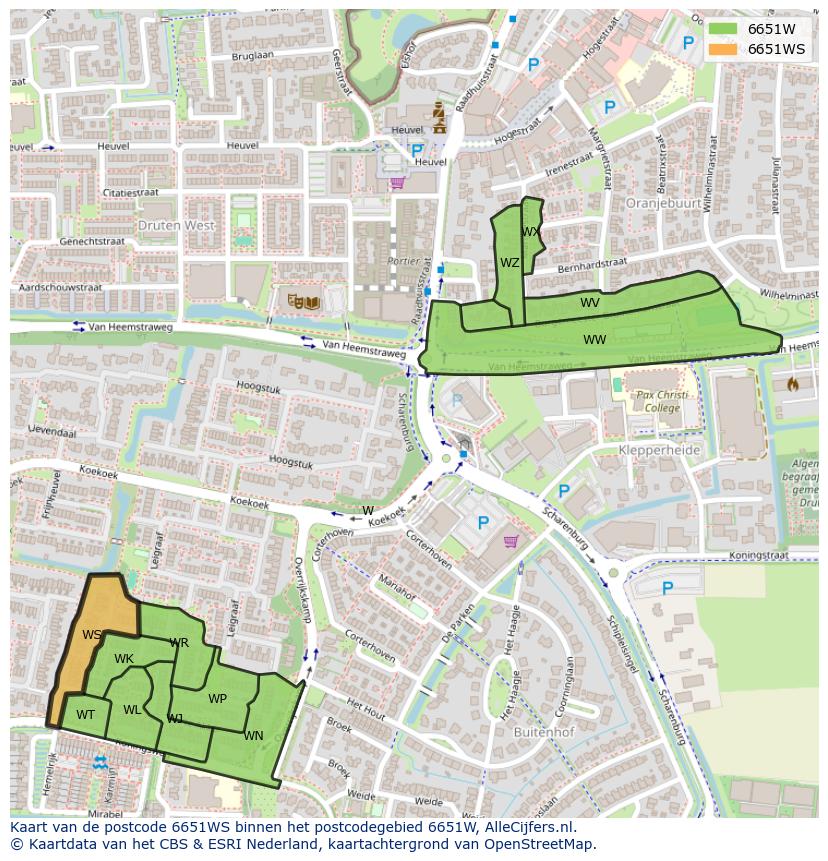 Afbeelding van het postcodegebied 6651 WS op de kaart.