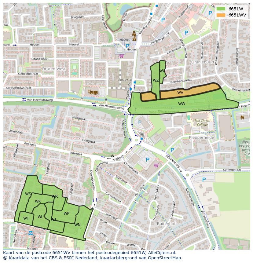 Afbeelding van het postcodegebied 6651 WV op de kaart.