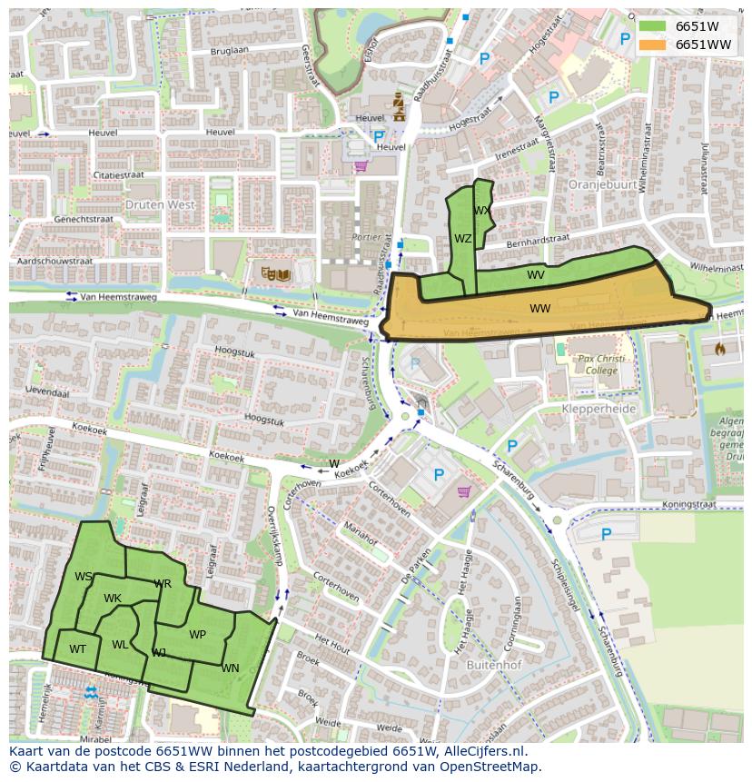 Afbeelding van het postcodegebied 6651 WW op de kaart.