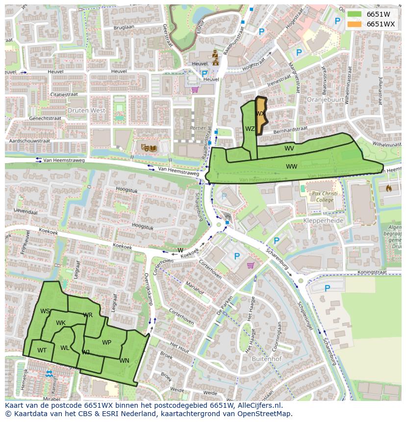 Afbeelding van het postcodegebied 6651 WX op de kaart.