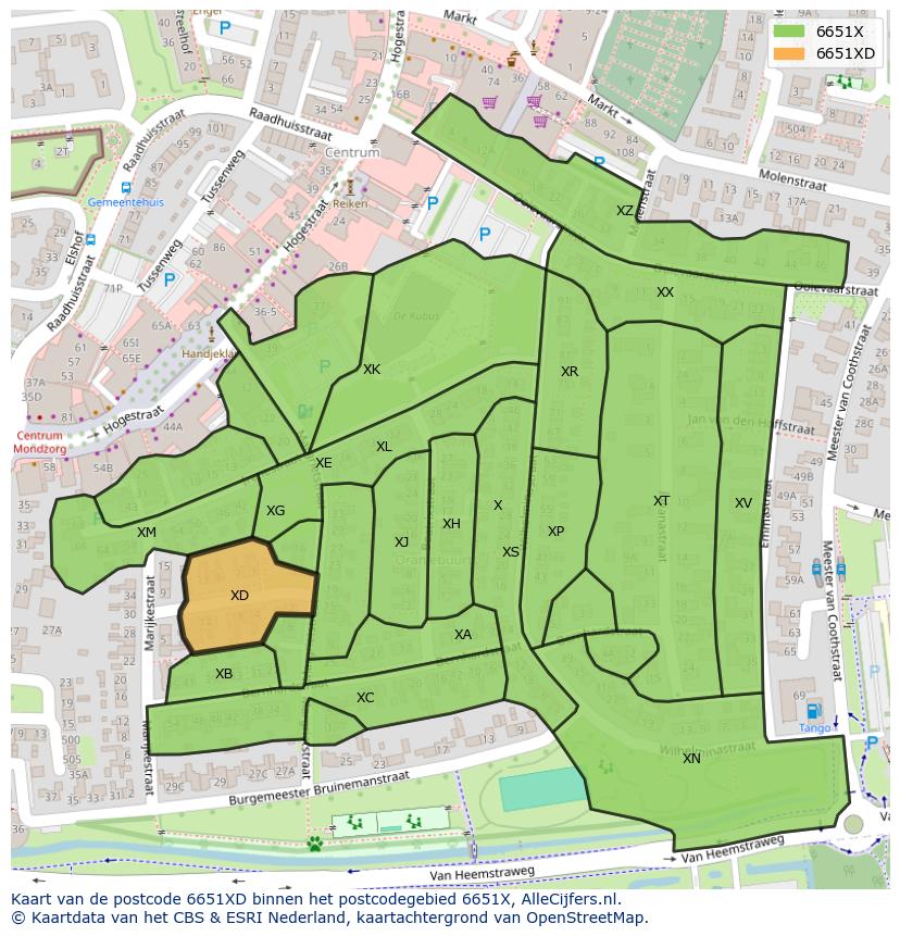 Afbeelding van het postcodegebied 6651 XD op de kaart.