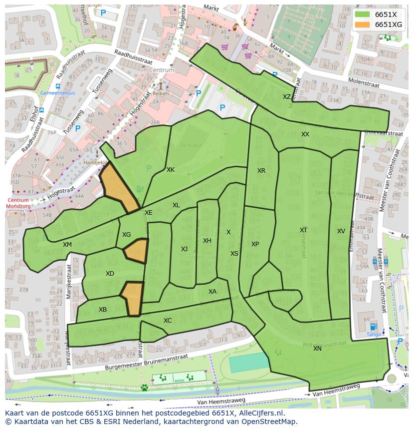 Afbeelding van het postcodegebied 6651 XG op de kaart.