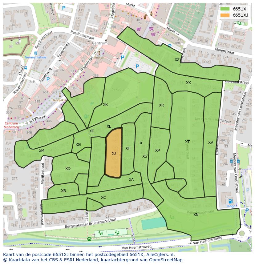 Afbeelding van het postcodegebied 6651 XJ op de kaart.