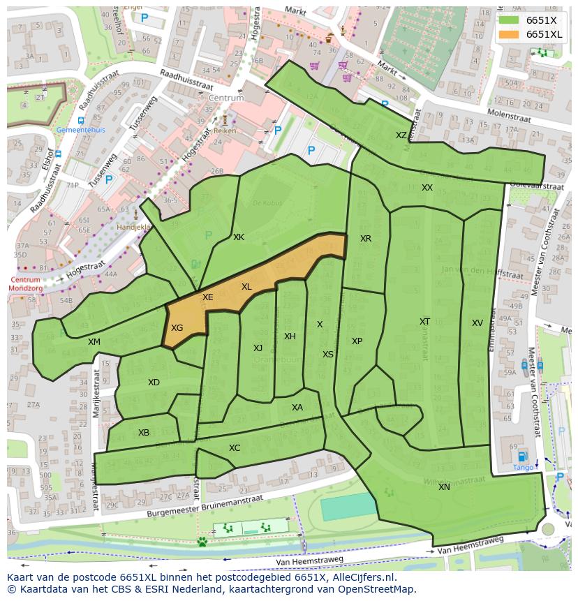 Afbeelding van het postcodegebied 6651 XL op de kaart.