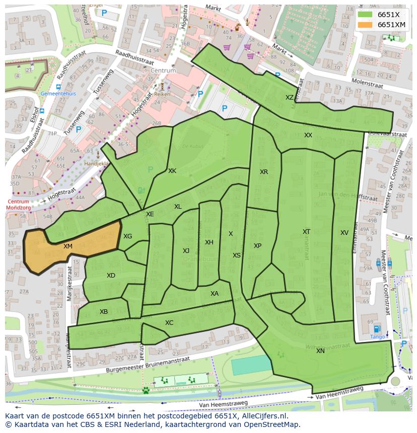 Afbeelding van het postcodegebied 6651 XM op de kaart.