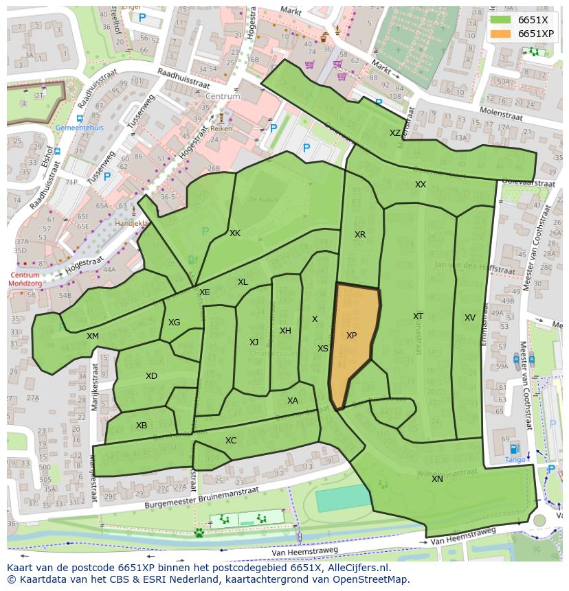 Afbeelding van het postcodegebied 6651 XP op de kaart.