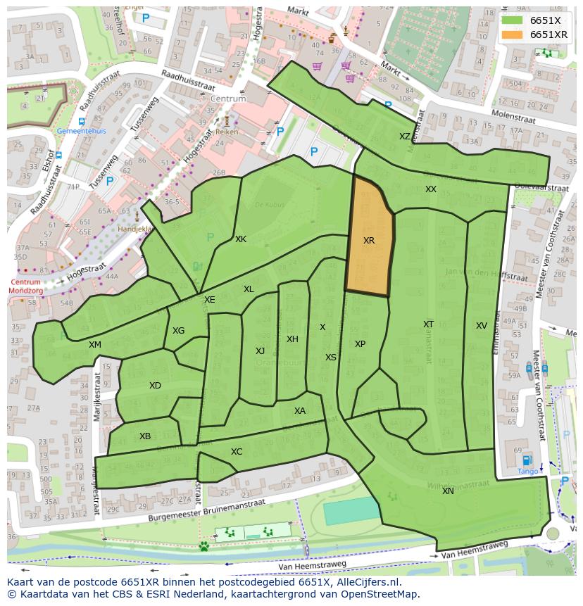 Afbeelding van het postcodegebied 6651 XR op de kaart.