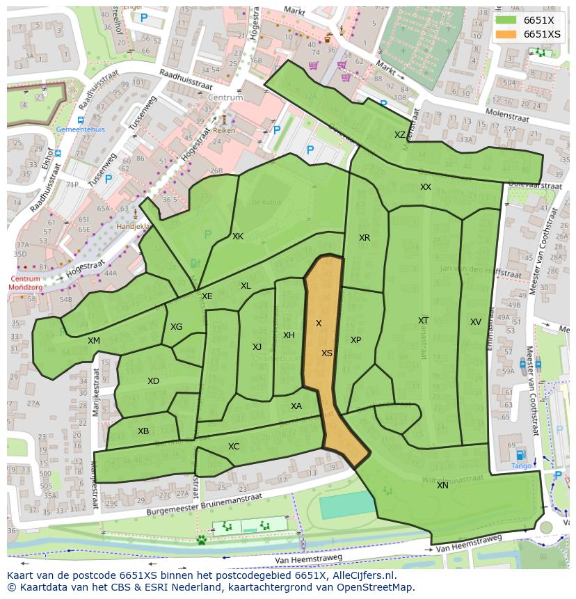 Afbeelding van het postcodegebied 6651 XS op de kaart.