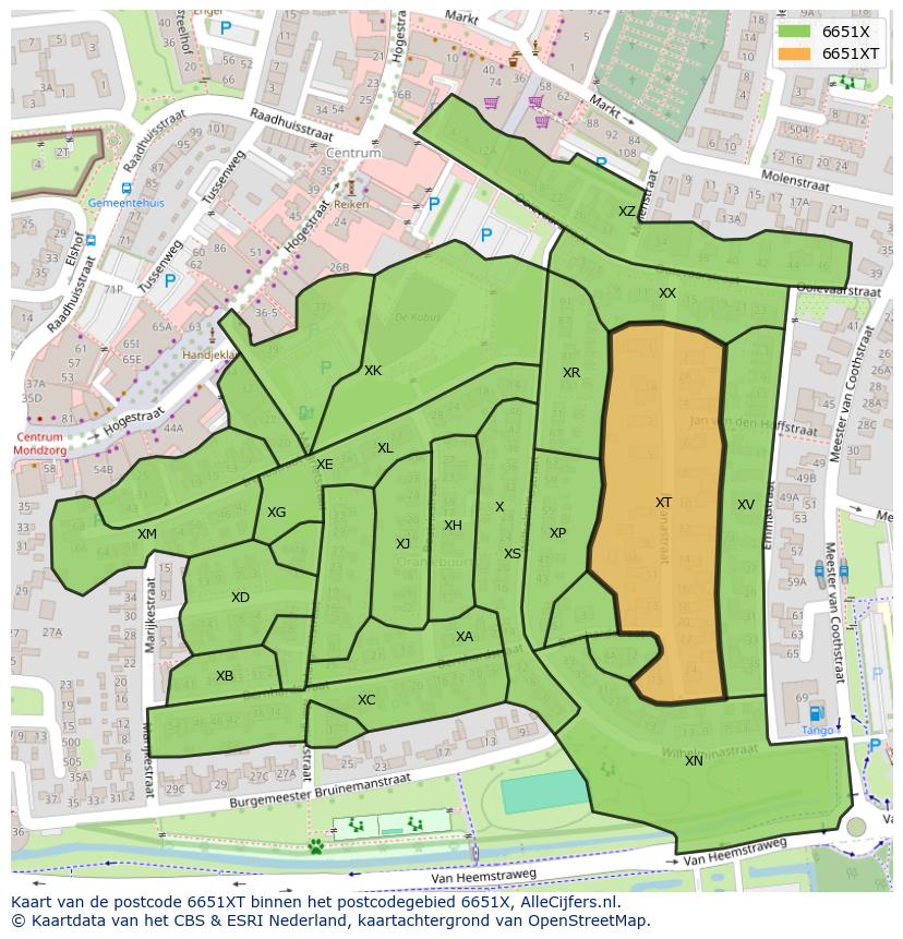 Afbeelding van het postcodegebied 6651 XT op de kaart.