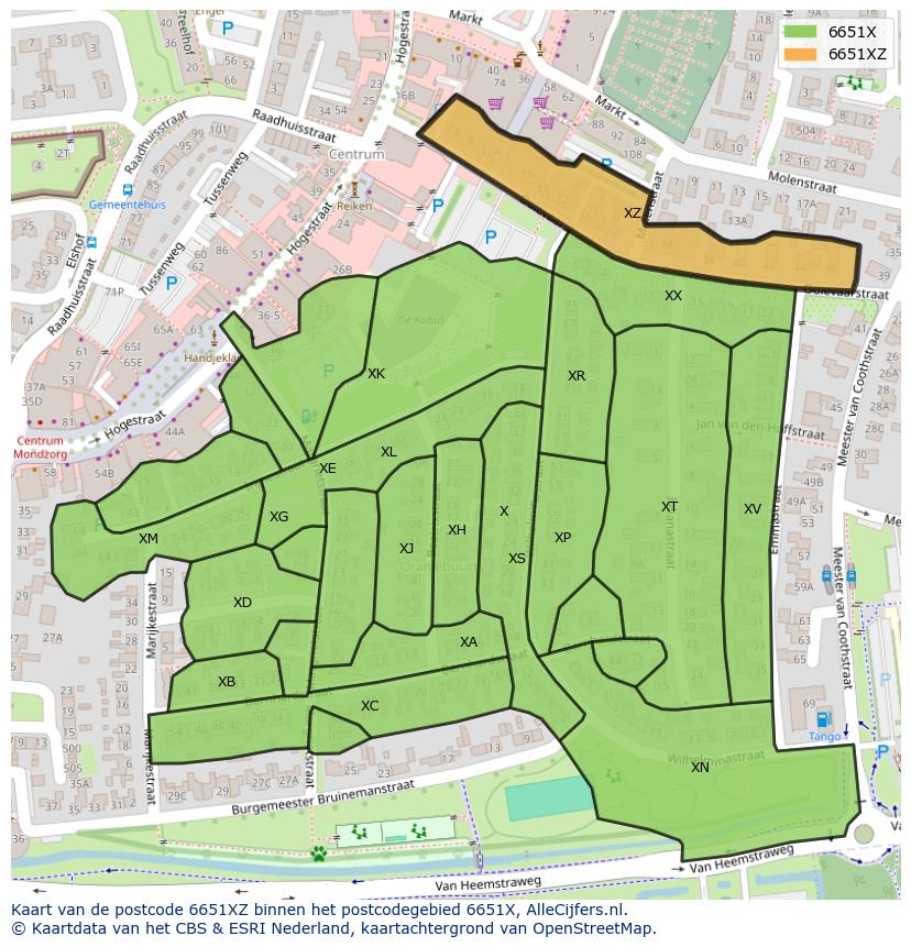 Afbeelding van het postcodegebied 6651 XZ op de kaart.