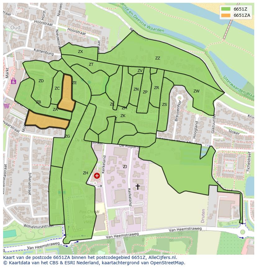 Afbeelding van het postcodegebied 6651 ZA op de kaart.