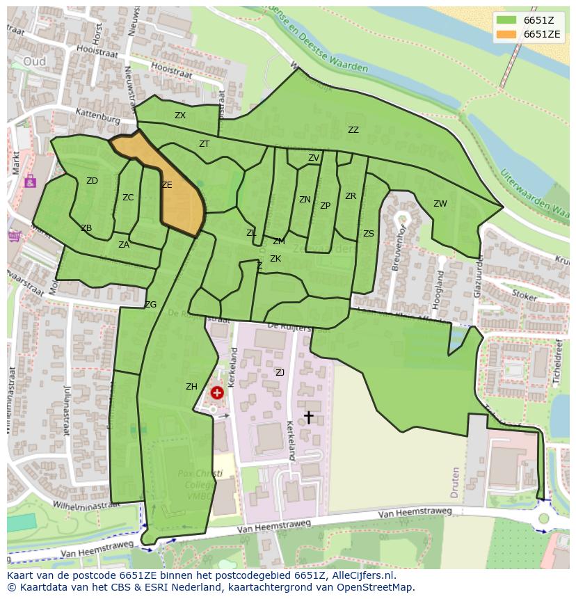 Afbeelding van het postcodegebied 6651 ZE op de kaart.