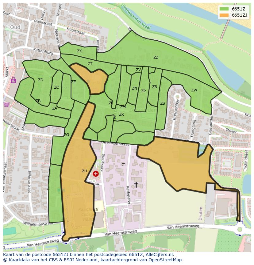 Afbeelding van het postcodegebied 6651 ZJ op de kaart.