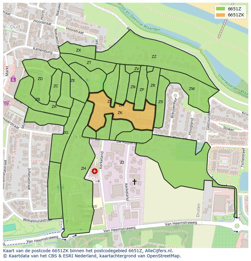 Afbeelding van het postcodegebied 6651 ZK op de kaart.
