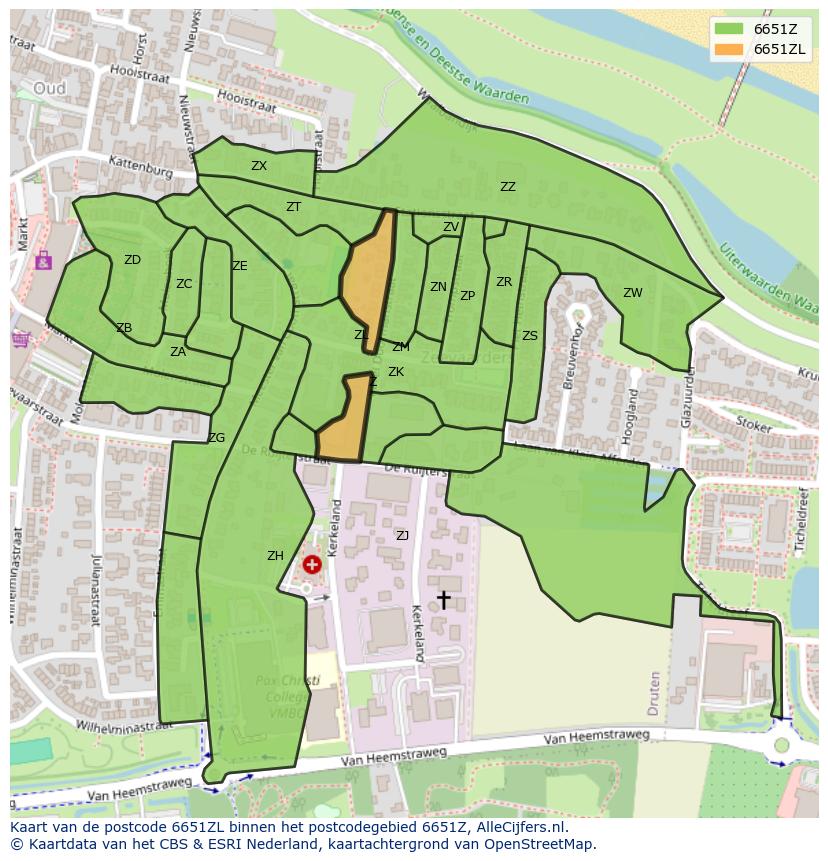 Afbeelding van het postcodegebied 6651 ZL op de kaart.