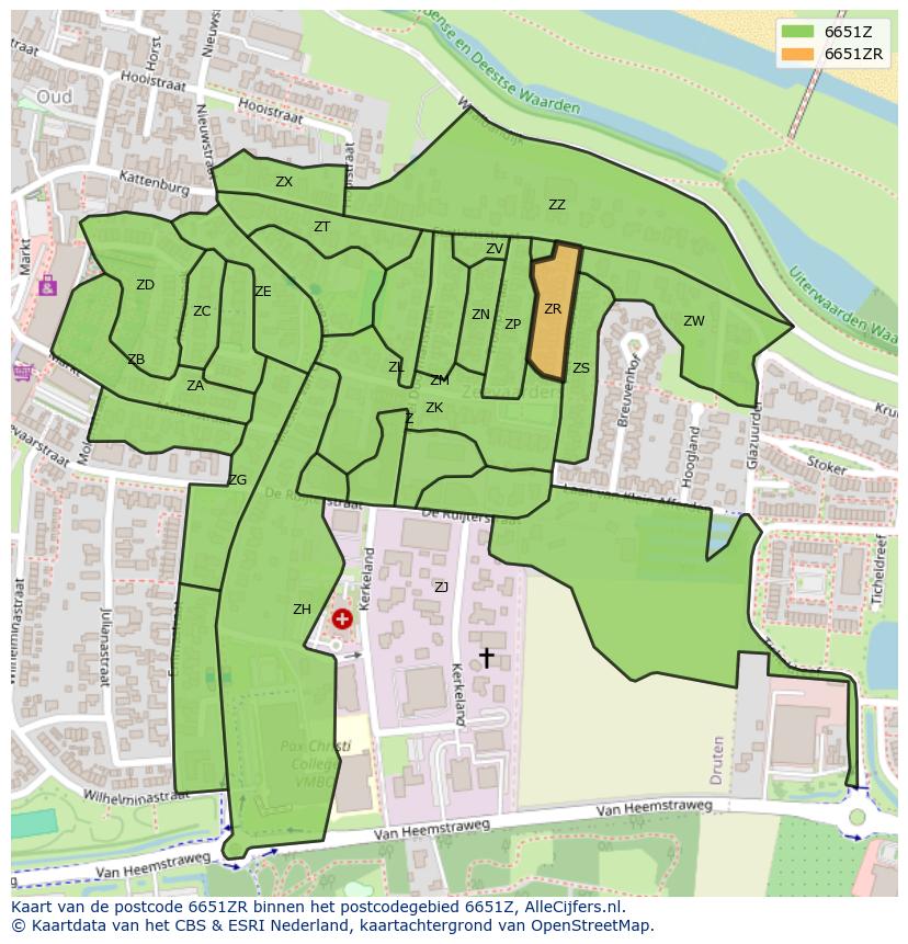 Afbeelding van het postcodegebied 6651 ZR op de kaart.