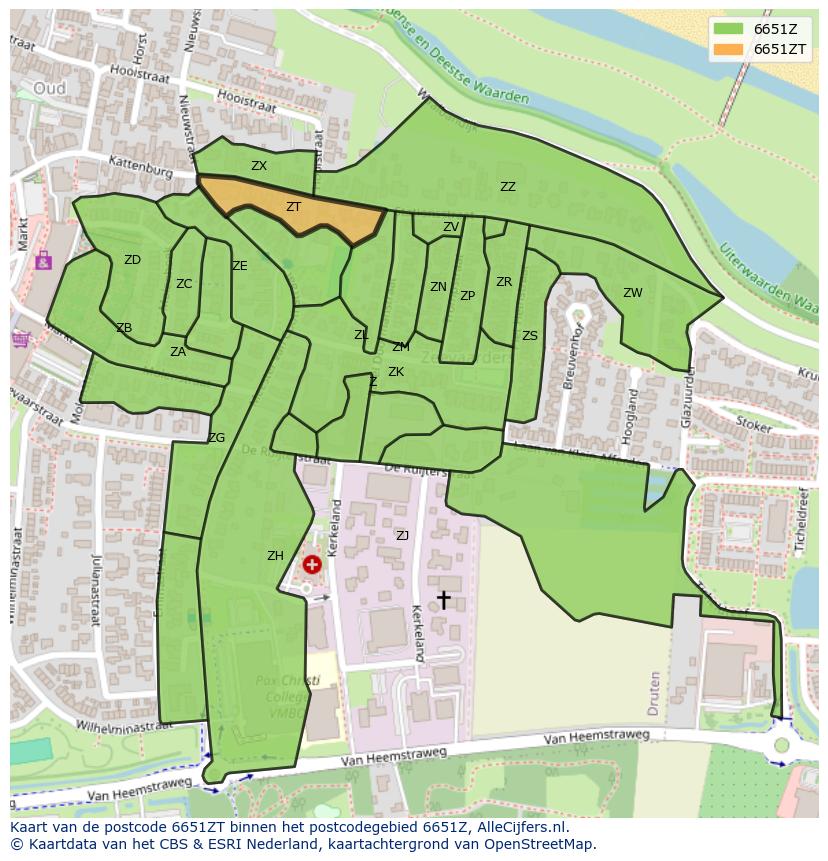Afbeelding van het postcodegebied 6651 ZT op de kaart.