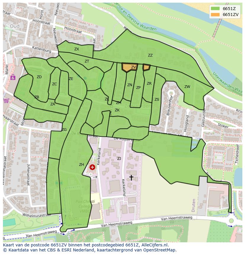 Afbeelding van het postcodegebied 6651 ZV op de kaart.