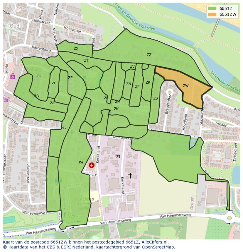 Afbeelding van het postcodegebied 6651 ZW op de kaart.