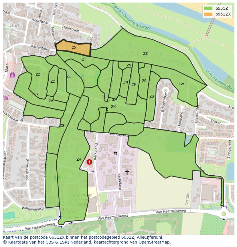 Afbeelding van het postcodegebied 6651 ZX op de kaart.