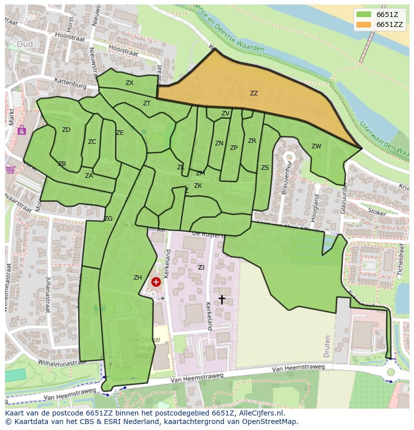 Afbeelding van het postcodegebied 6651 ZZ op de kaart.