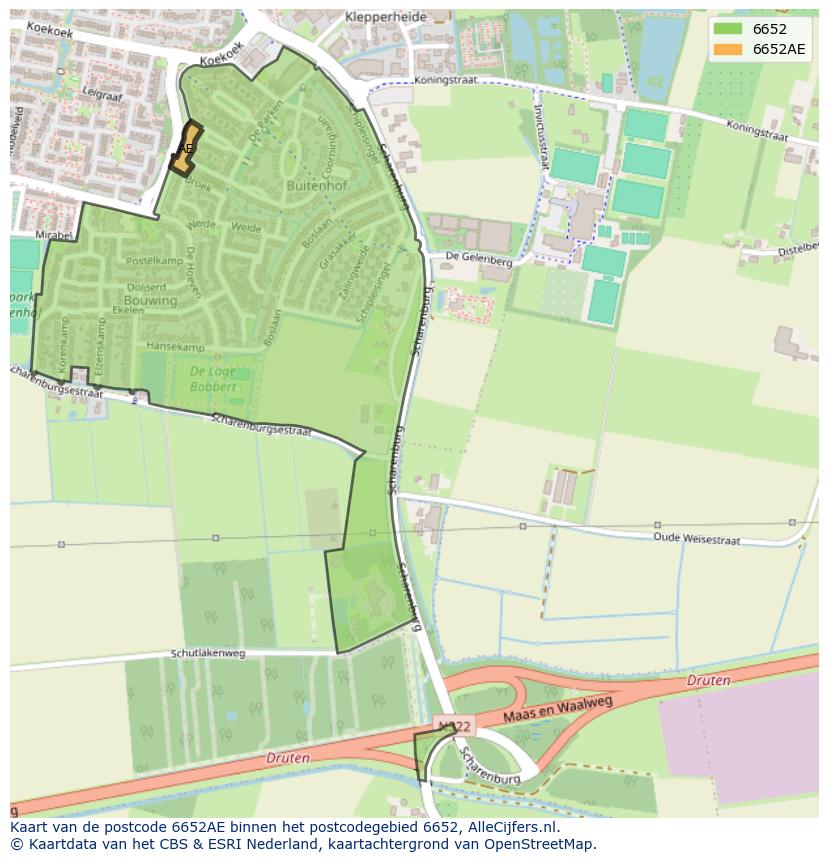 Afbeelding van het postcodegebied 6652 AE op de kaart.