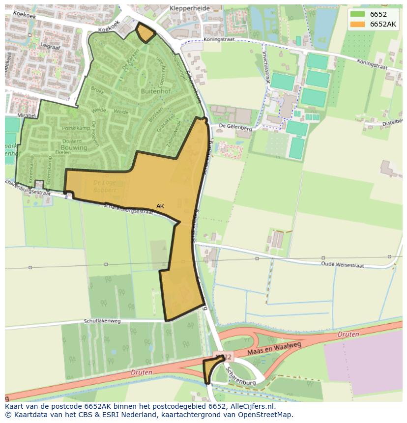 Afbeelding van het postcodegebied 6652 AK op de kaart.
