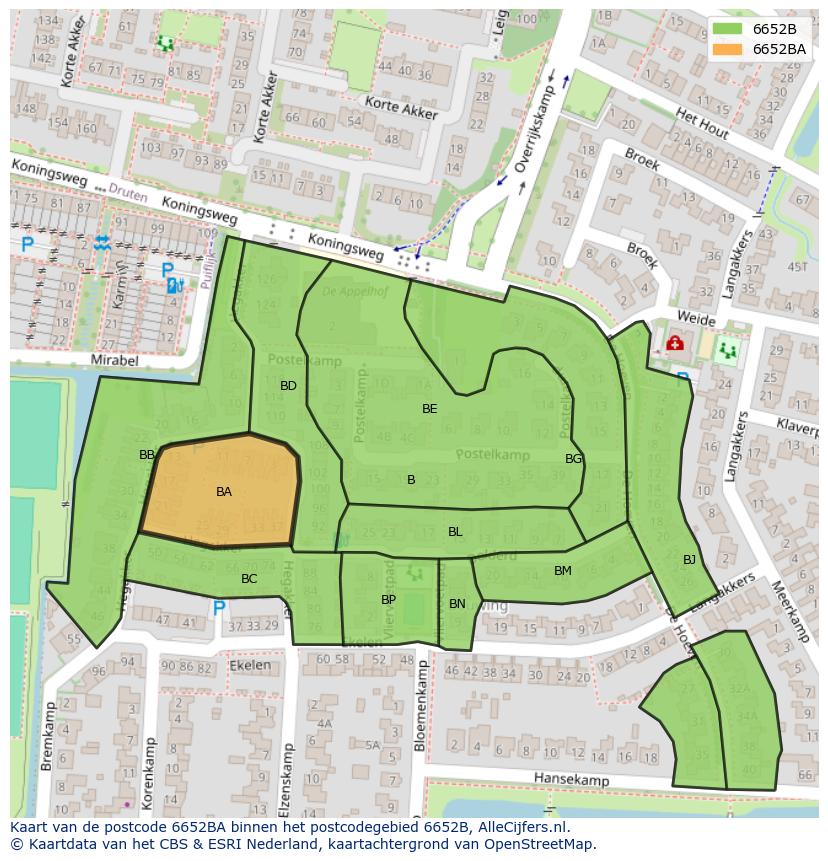 Afbeelding van het postcodegebied 6652 BA op de kaart.