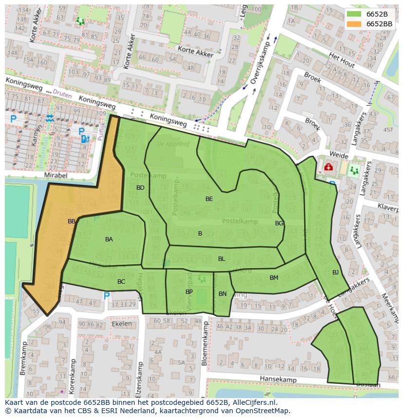 Afbeelding van het postcodegebied 6652 BB op de kaart.