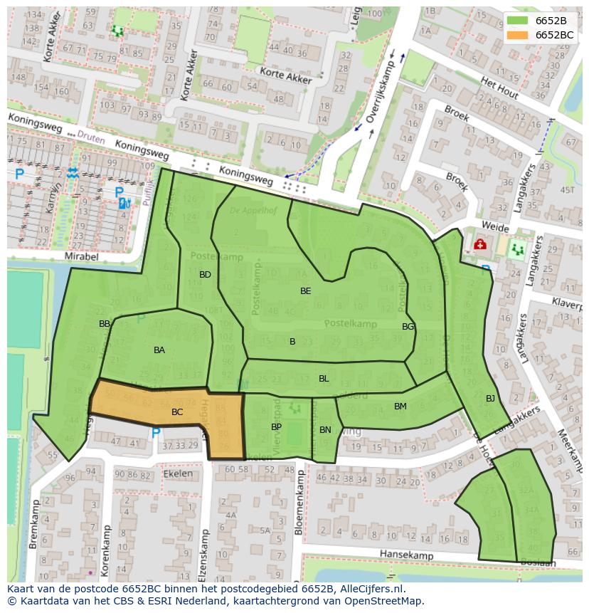 Afbeelding van het postcodegebied 6652 BC op de kaart.
