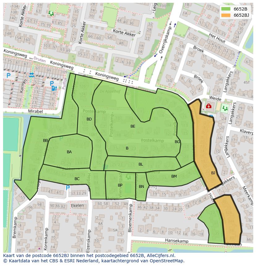 Afbeelding van het postcodegebied 6652 BJ op de kaart.
