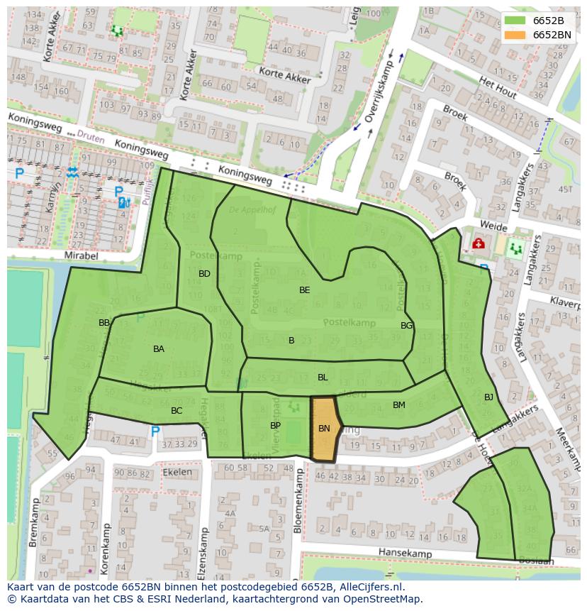 Afbeelding van het postcodegebied 6652 BN op de kaart.