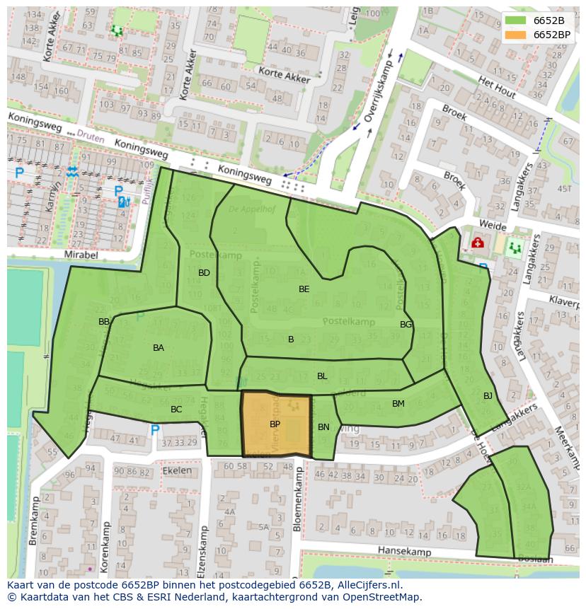 Afbeelding van het postcodegebied 6652 BP op de kaart.