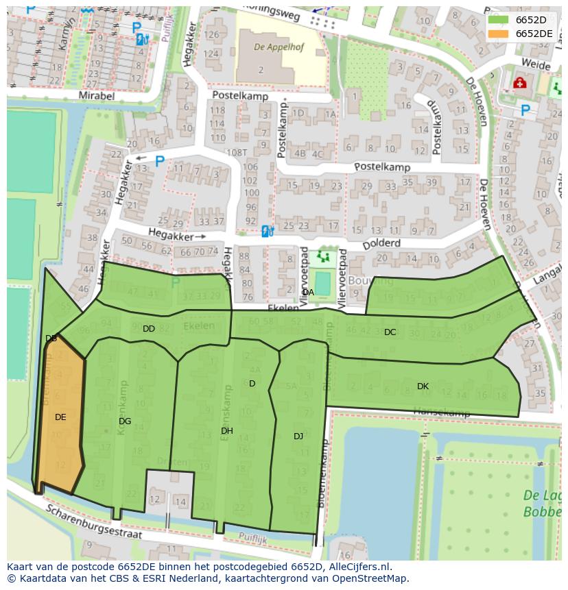 Afbeelding van het postcodegebied 6652 DE op de kaart.