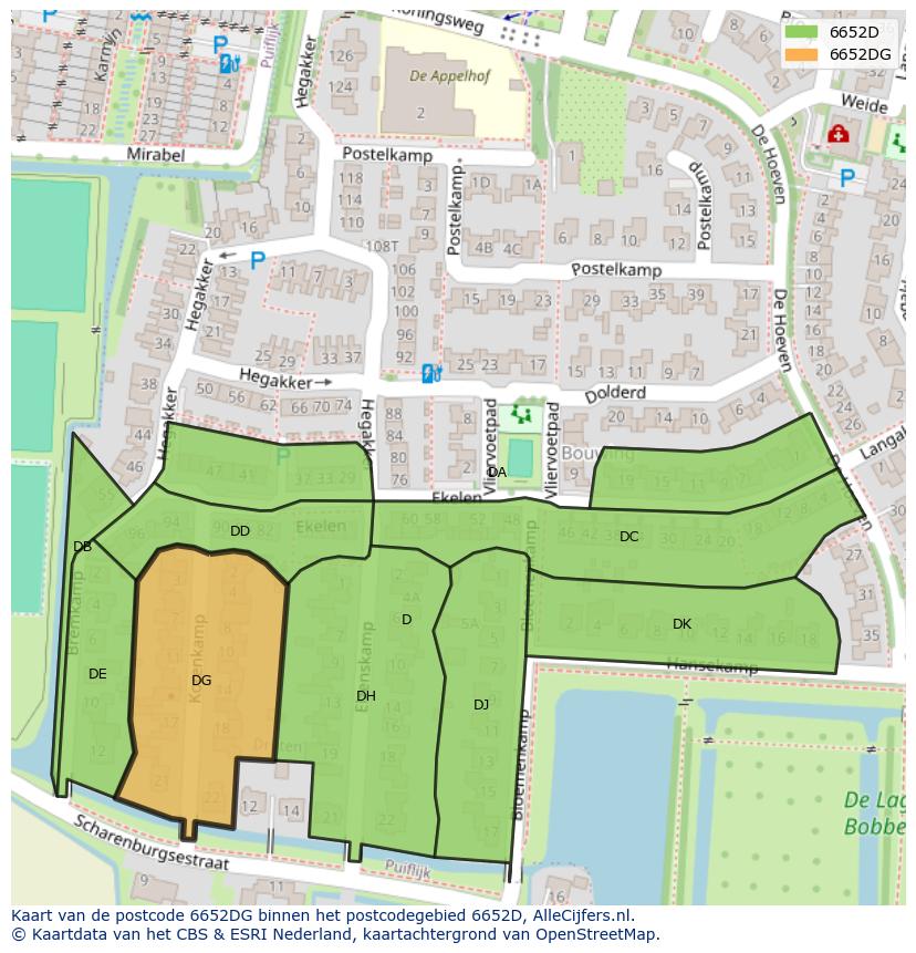 Afbeelding van het postcodegebied 6652 DG op de kaart.