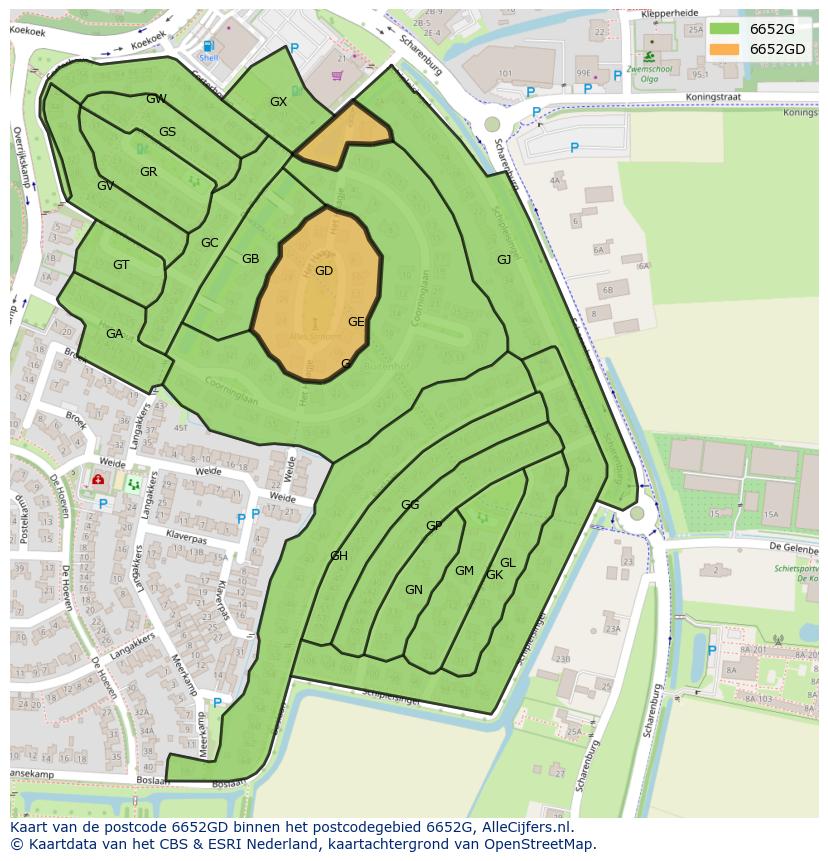 Afbeelding van het postcodegebied 6652 GD op de kaart.