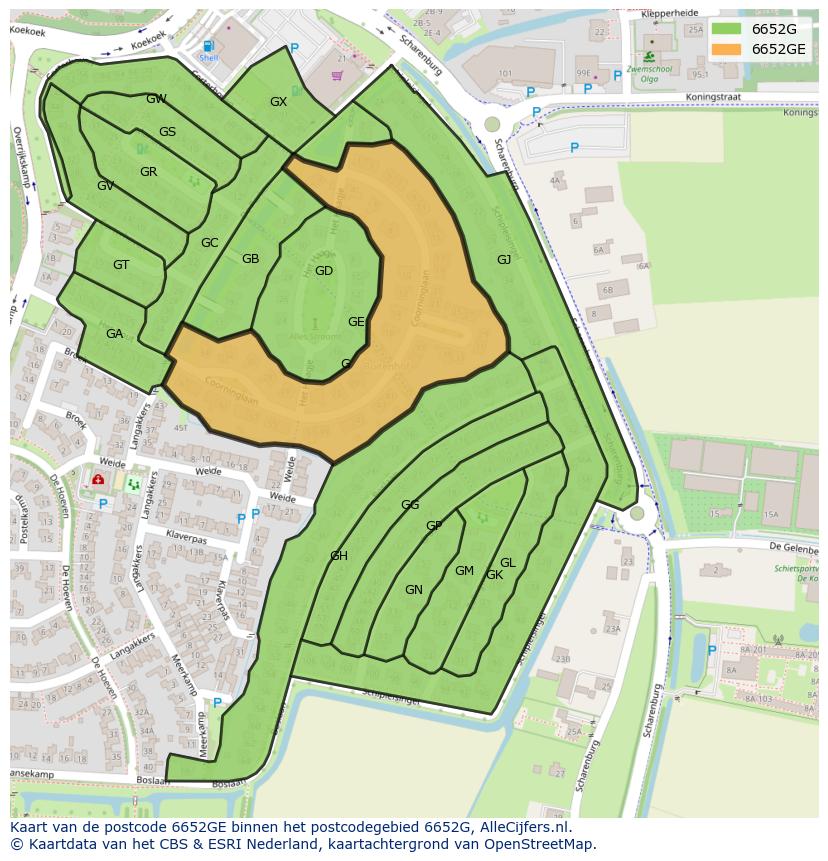 Afbeelding van het postcodegebied 6652 GE op de kaart.