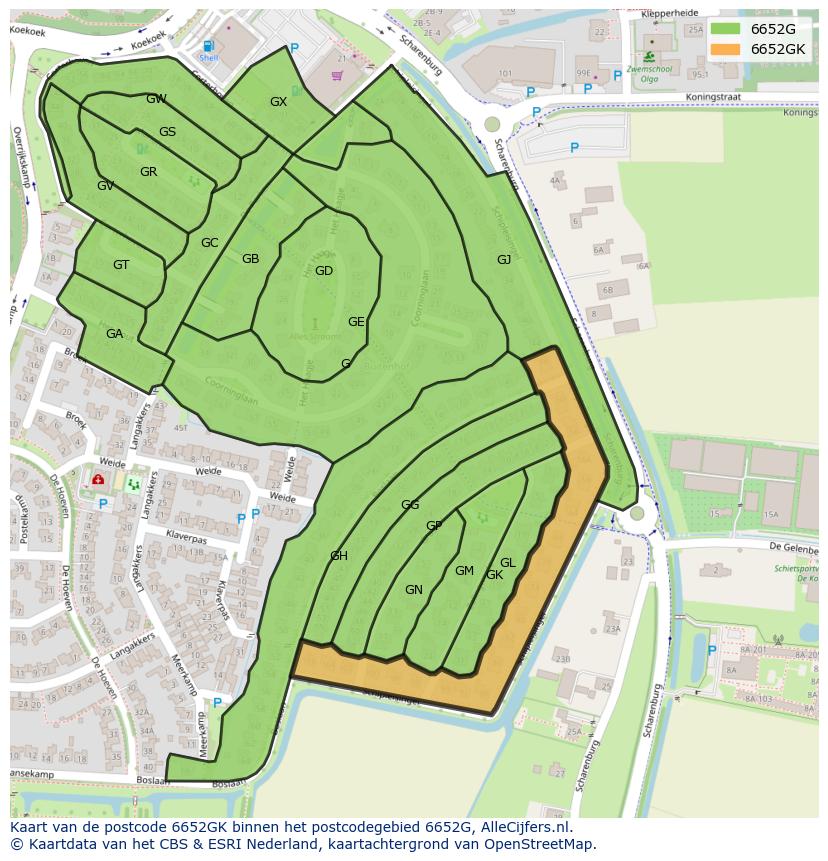 Afbeelding van het postcodegebied 6652 GK op de kaart.