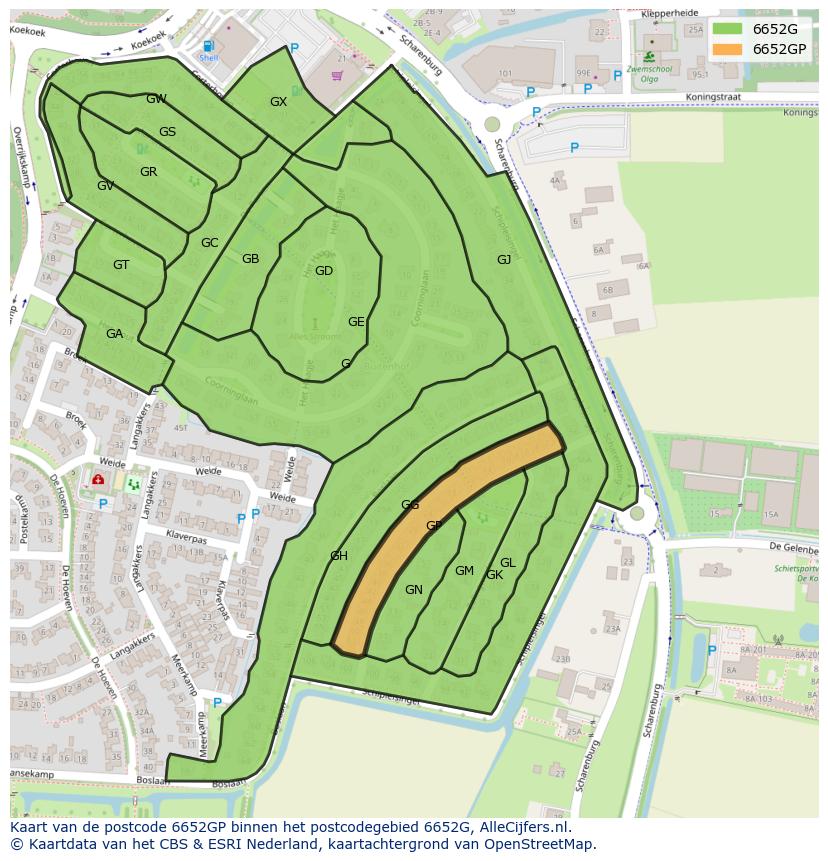 Afbeelding van het postcodegebied 6652 GP op de kaart.