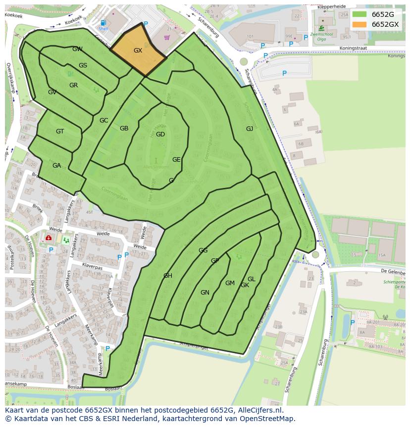 Afbeelding van het postcodegebied 6652 GX op de kaart.