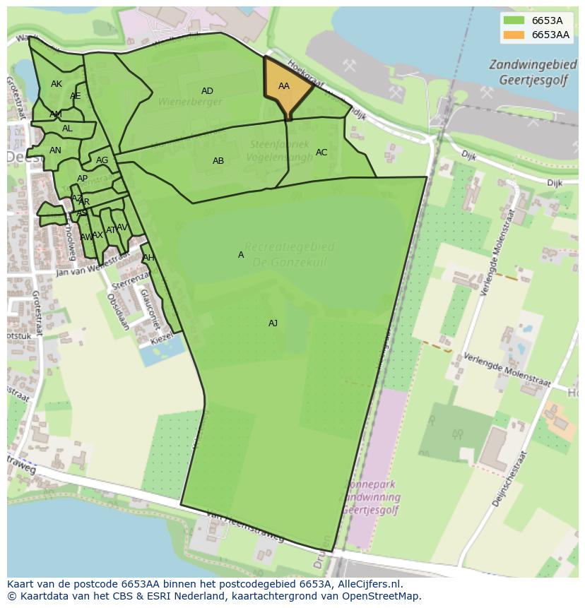 Afbeelding van het postcodegebied 6653 AA op de kaart.