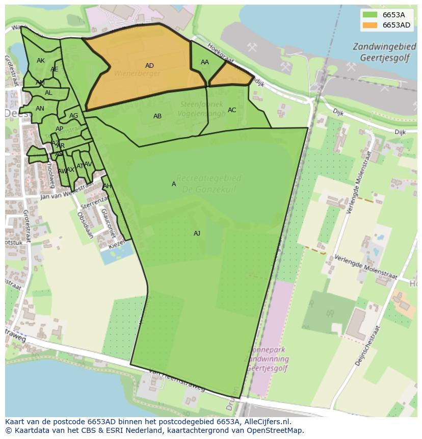Afbeelding van het postcodegebied 6653 AD op de kaart.