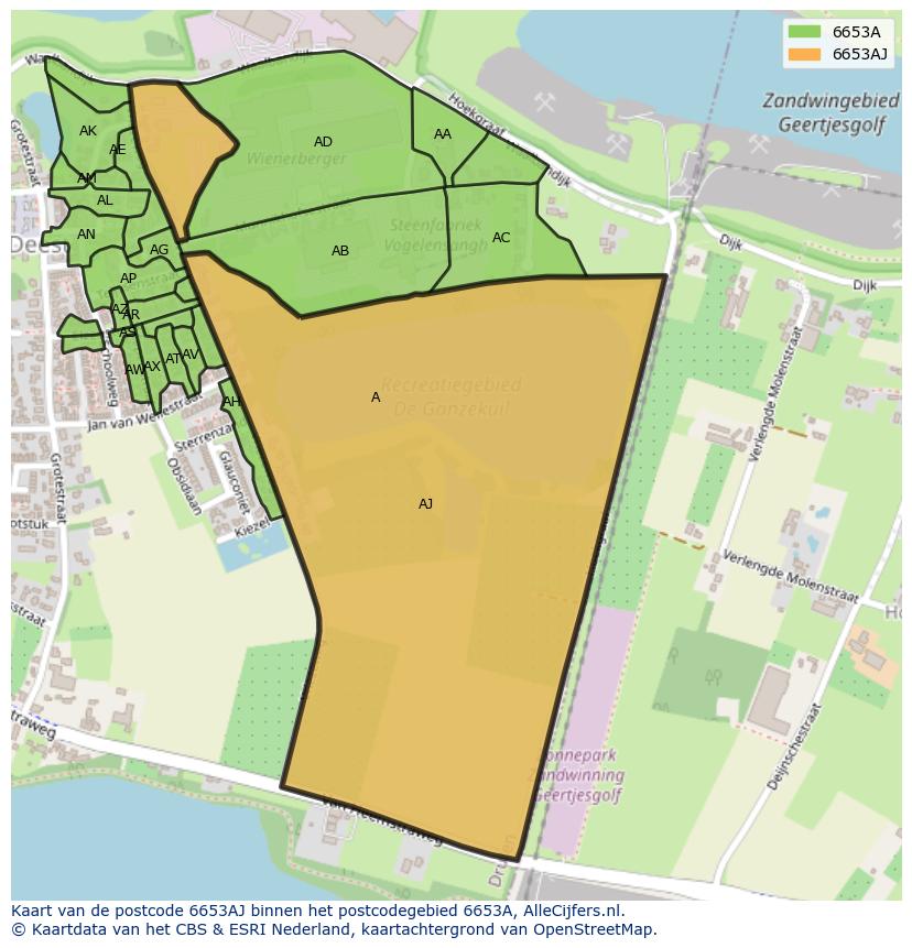 Afbeelding van het postcodegebied 6653 AJ op de kaart.