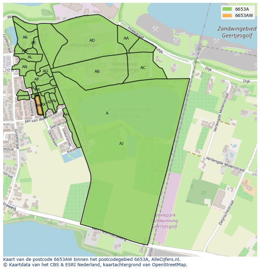 Afbeelding van het postcodegebied 6653 AW op de kaart.