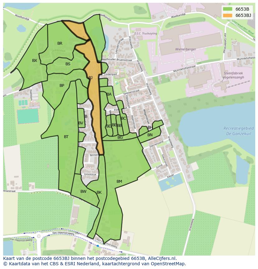 Afbeelding van het postcodegebied 6653 BJ op de kaart.